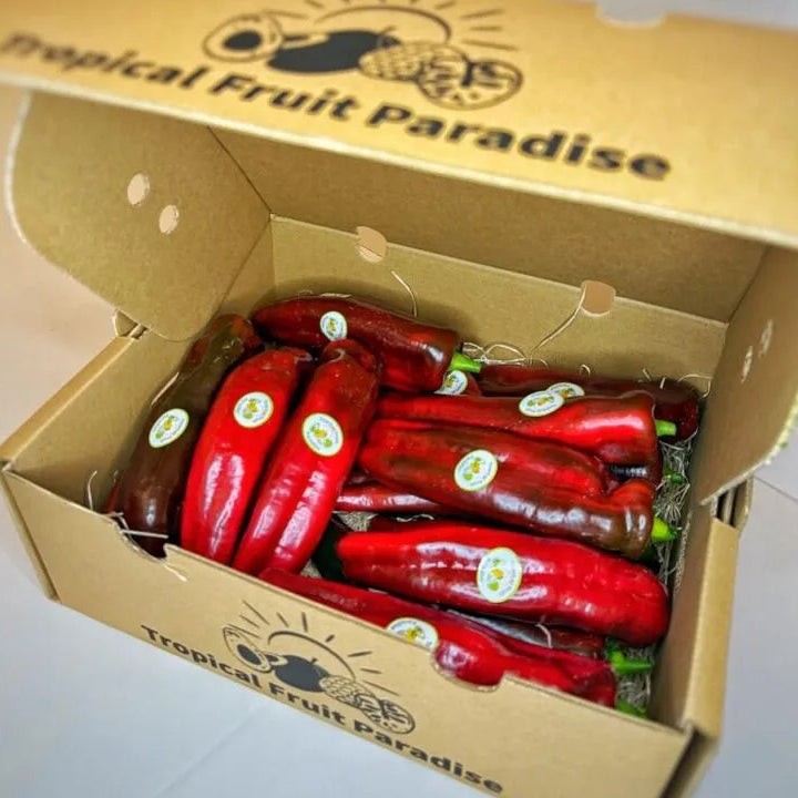 Premium red sweet peppers (Kapia type) in a branded Tropical Fruit Paradise delivery box.