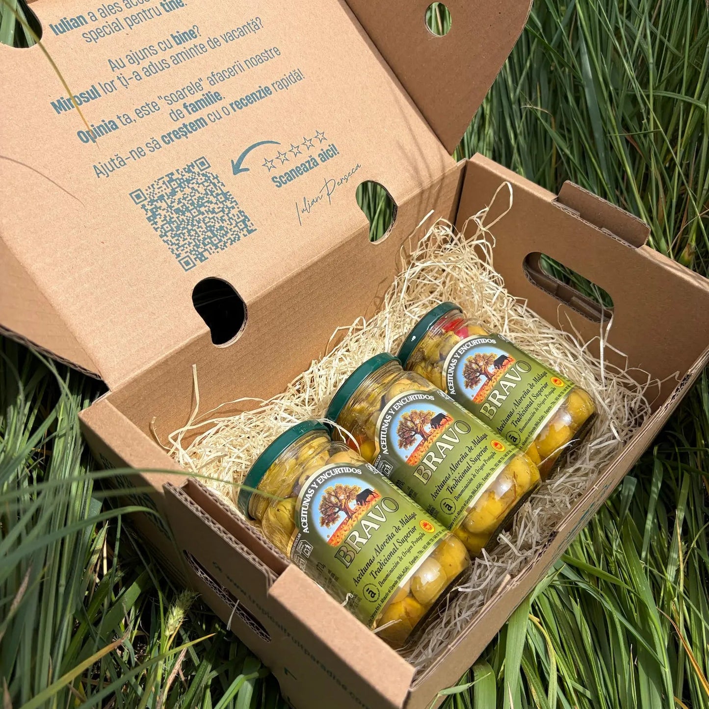 Three glass jars of premium Bravo Aceitunas Aloreña de Málaga DOP olives, arranged on a bed of straw inside a branded cardboard delivery box on green grass.