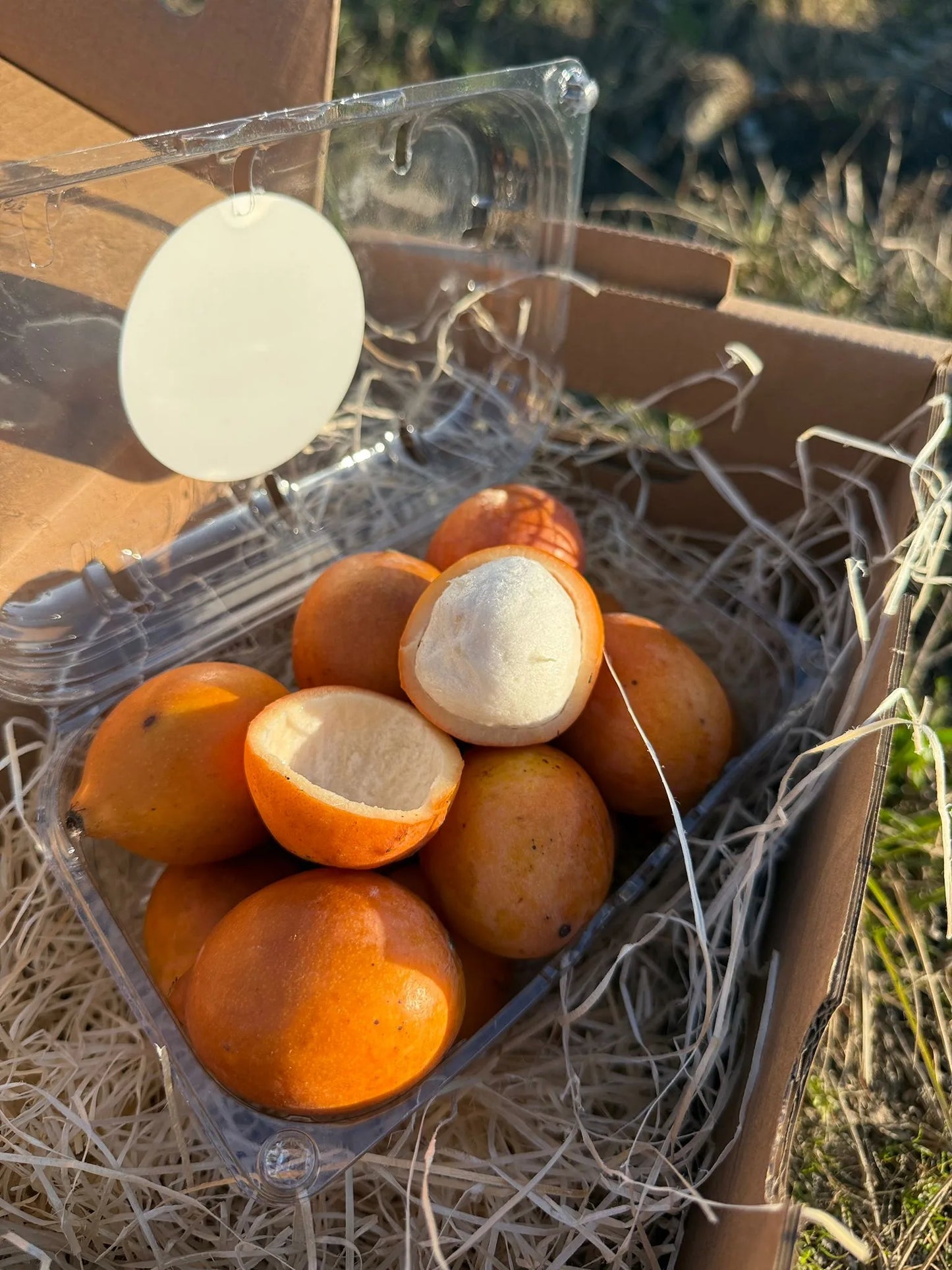 Fresh Achachairu exotic fruits, sliced to reveal the juicy white pulp, in a Tropical Fruit Paradise delivery box.