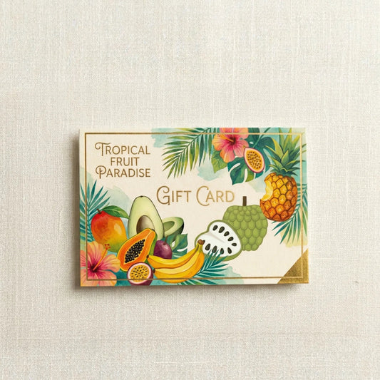 Tropical fruit-themed gift card with various fruits and flowers on a light background