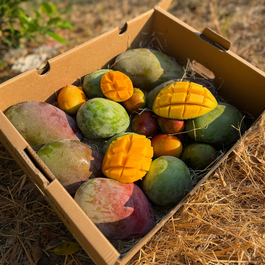 Box of mangoes on a straw surface with a blurred natural background