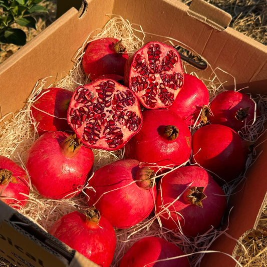 Box of pomegranates on a natural background
