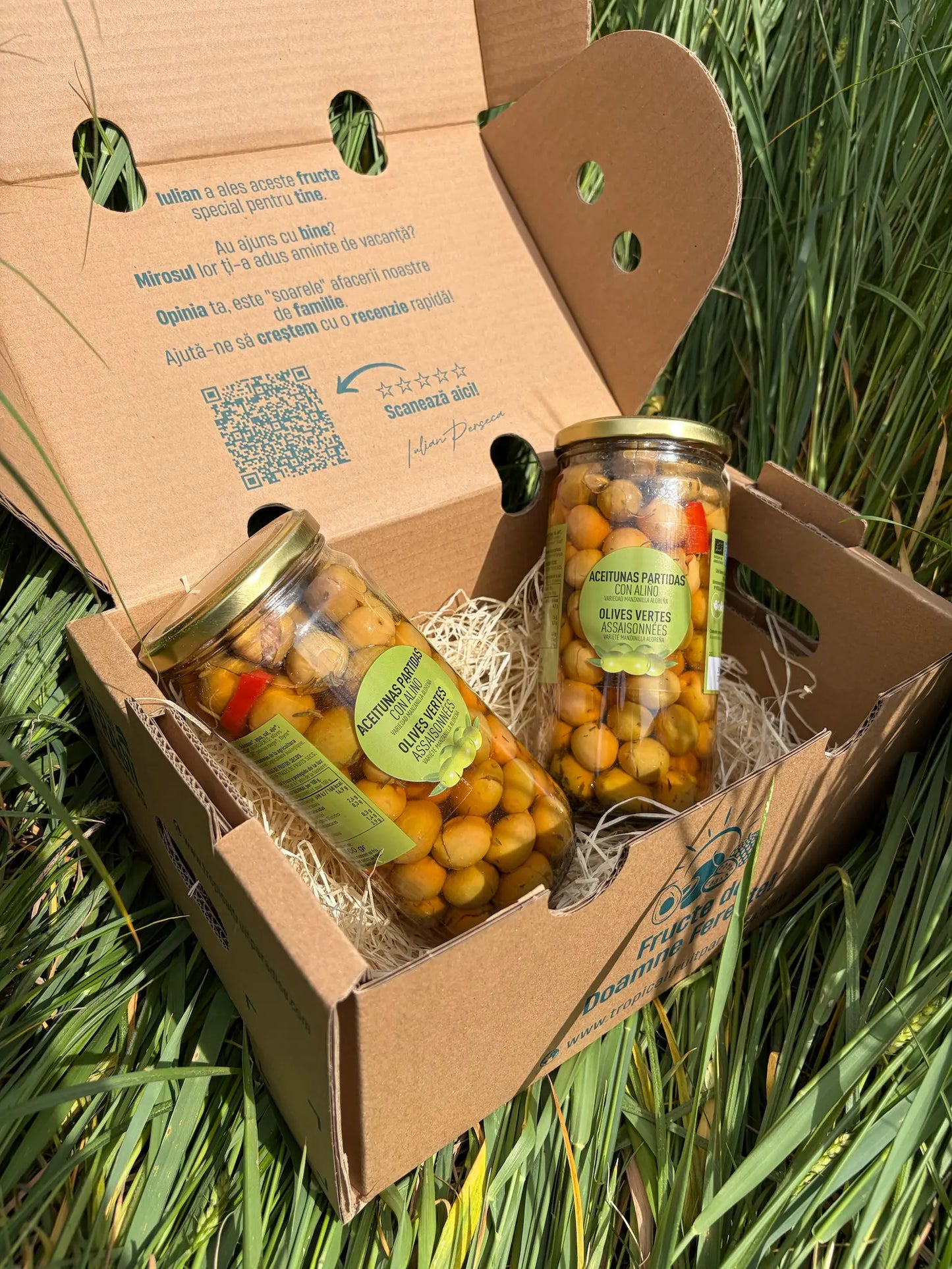 Two large 500g glass jars of seasoned cracked green olives (Aceitunas Partidas con Aliño) with red pepper bits, resting on a bed of straw inside a cardboard delivery box on green grass.