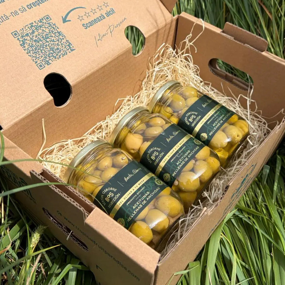 Three 180g glass jars of premium green Manzanilla olives stuffed with anchovy paste from the BOS Selección range, resting on a straw bed inside an open cardboard box on grass.