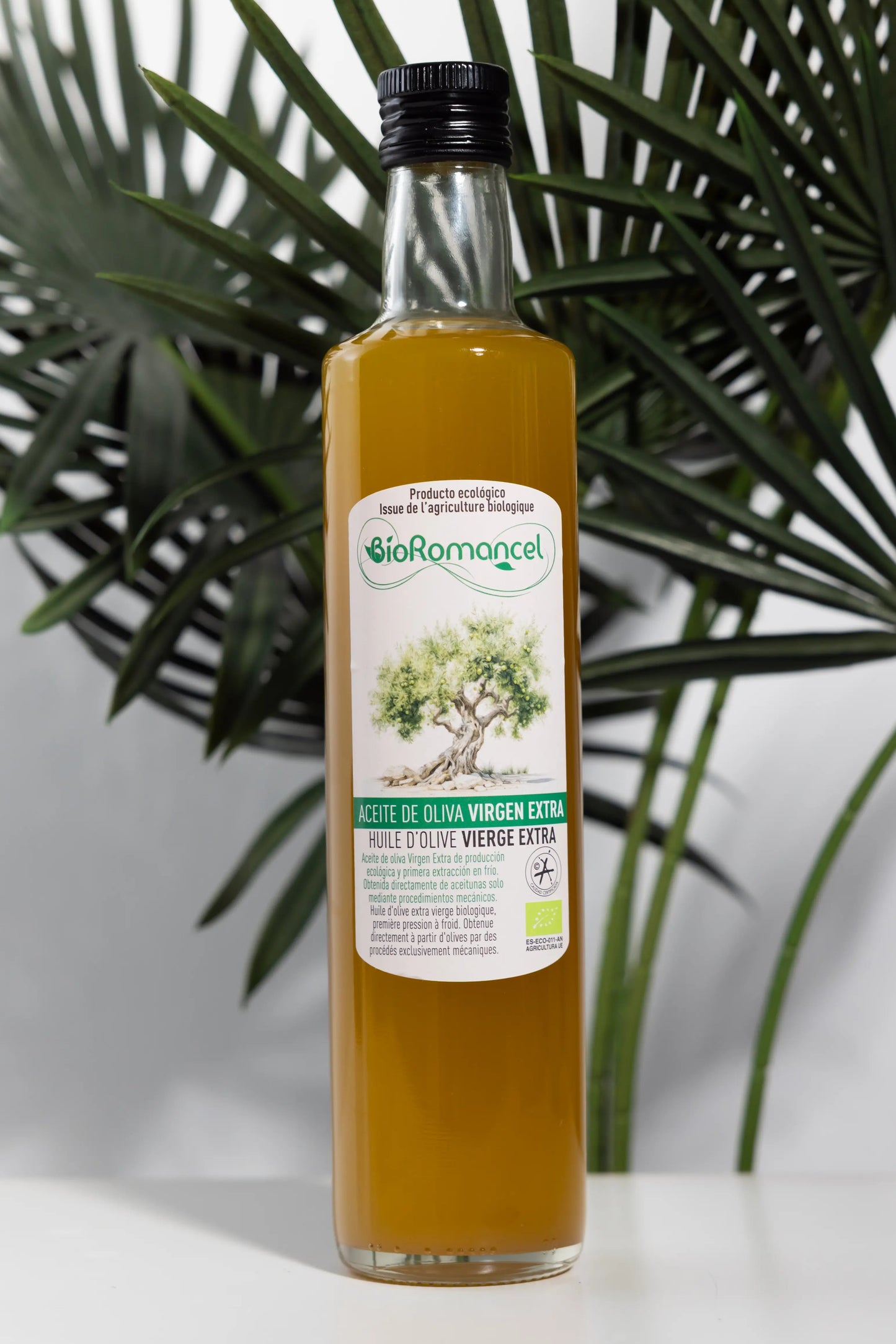 BioRomancel BIO extra virgin olive oil in a 500 ml glass bottle,
cloudy golden-green oil from a first cold pressing