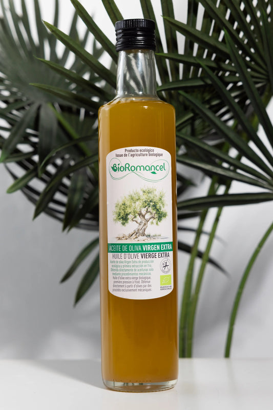 BioRomancel BIO extra virgin olive oil in a 500 ml glass bottle,
cloudy golden-green oil from a first cold pressing