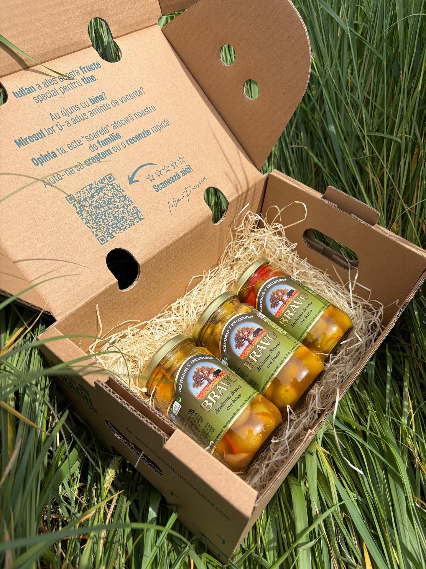 Three 170g glass jars of spicy Bravo Aceitunas Bravas olives with pits, neatly arranged on a straw bed inside an open cardboard delivery box on green grass.