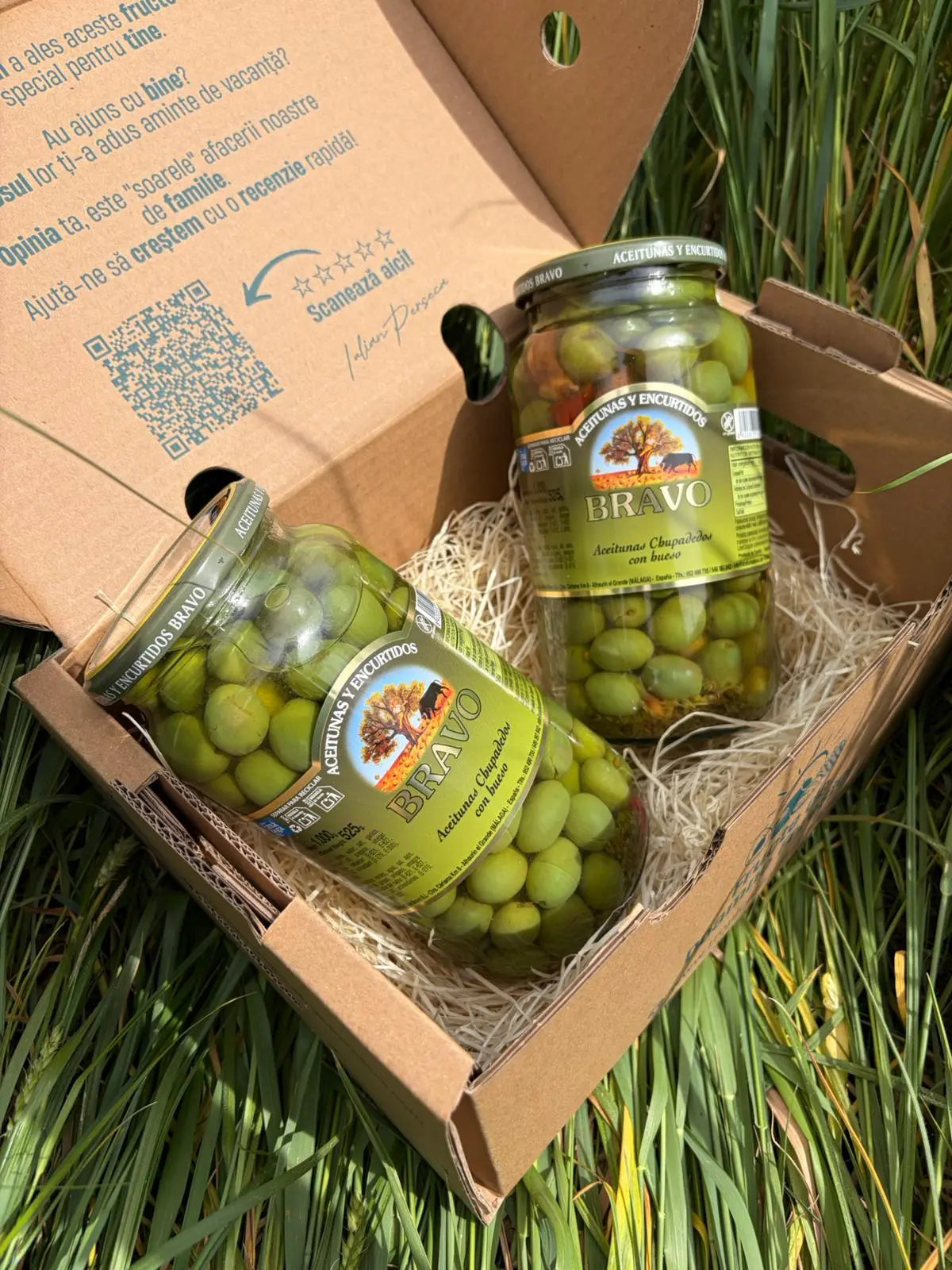 Two large 525g glass jars of green Bravo Aceitunas Chupapedos olives with pits, resting on straw inside a cardboard delivery box on green grass.