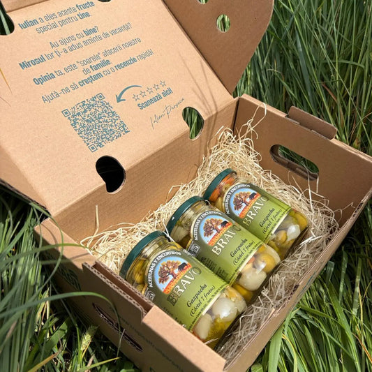 Three small 170g glass jars of Bravo Gazpacha mixed olives and pickled vegetables (Cóctel 7 frutos), arranged on a straw bed inside a cardboard box on green grass.