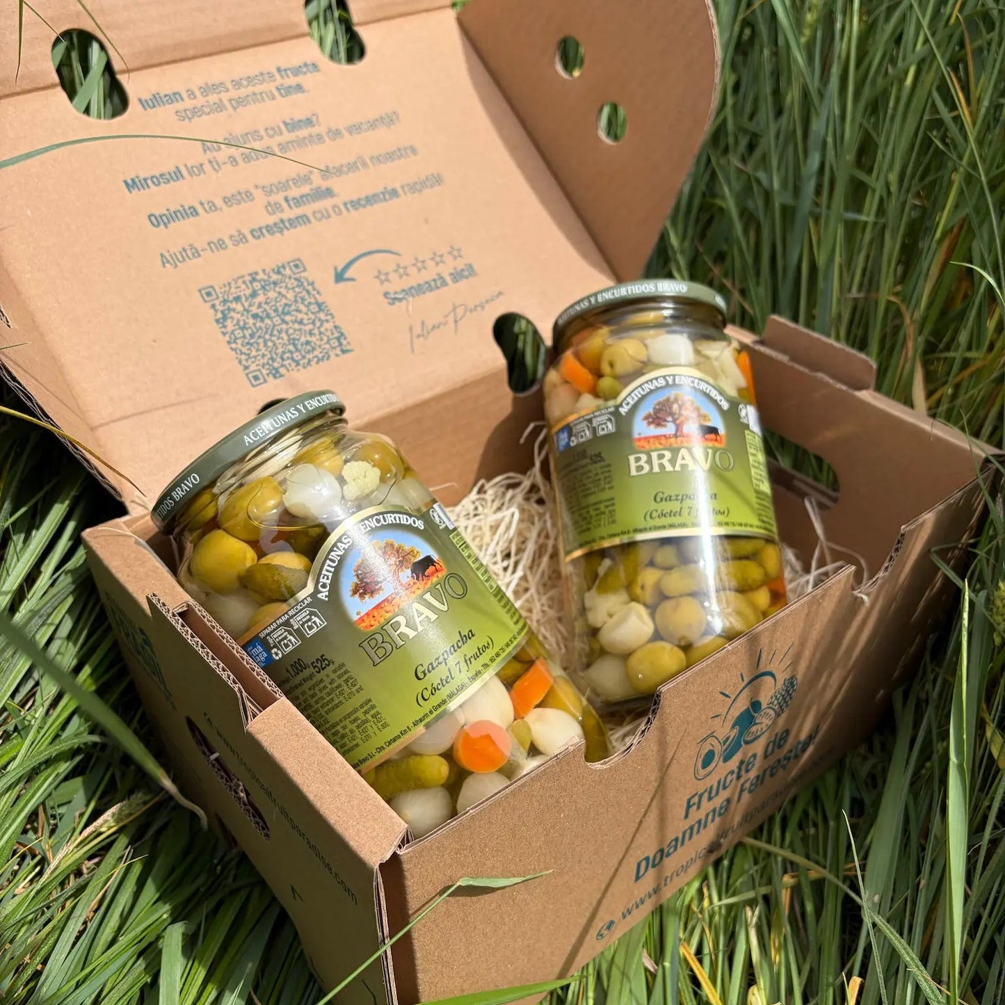 Two large 525g glass jars of Bravo Gazpacha cocktail olives with pickled onions and carrots, resting on straw inside an open delivery box on a natural grass background.