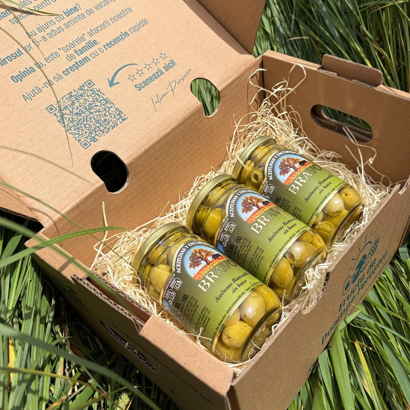 Three small 150g glass jars of pitted green Manzanilla olives (Aceitunas Manzanilla sin hueso) by Bravo, arranged on straw inside a cardboard delivery box on green grass.