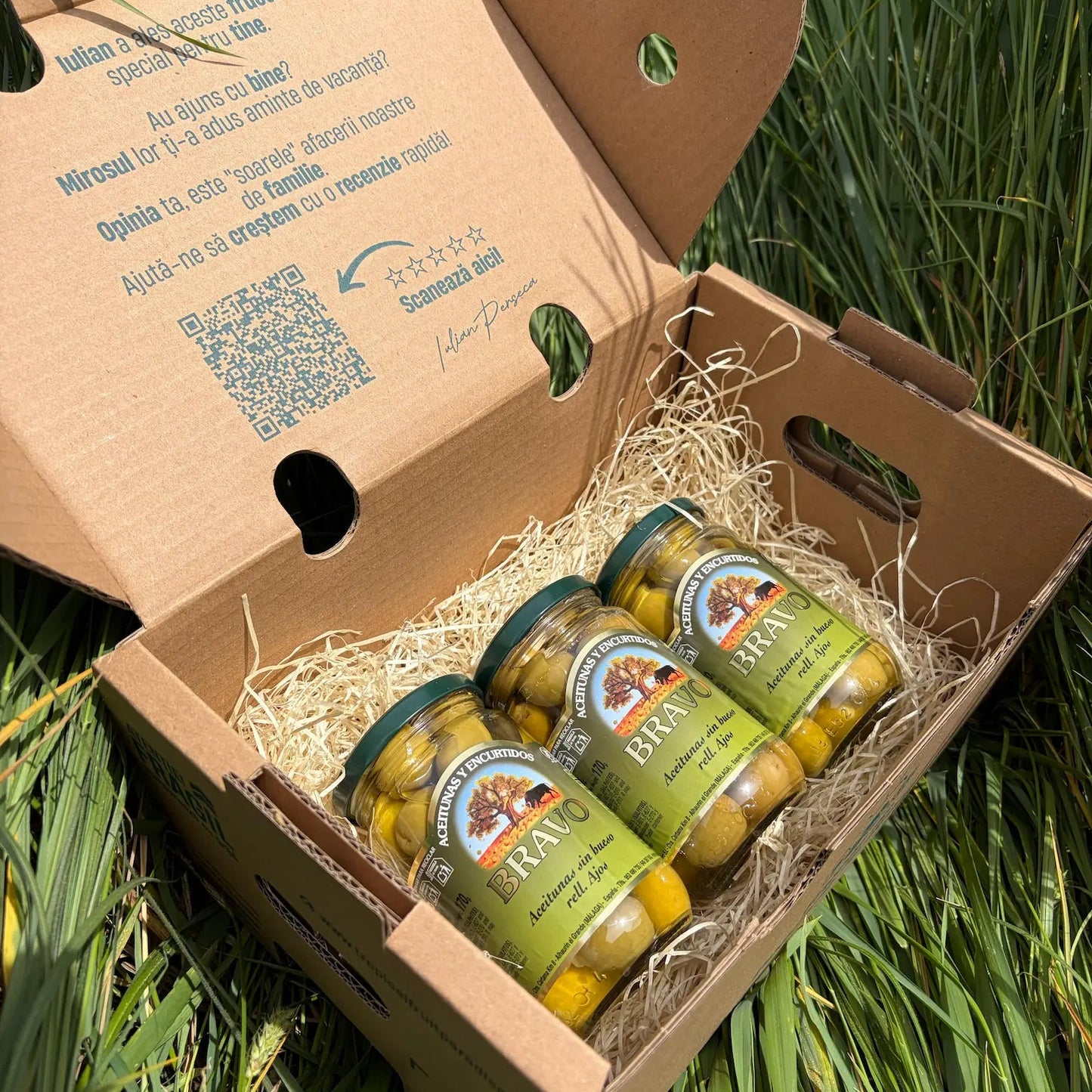 Three 170g glass jars of green Bravo olives stuffed with garlic (Aceitunas rellenas de ajos), arranged on a bed of straw inside a cardboard box on green grass.