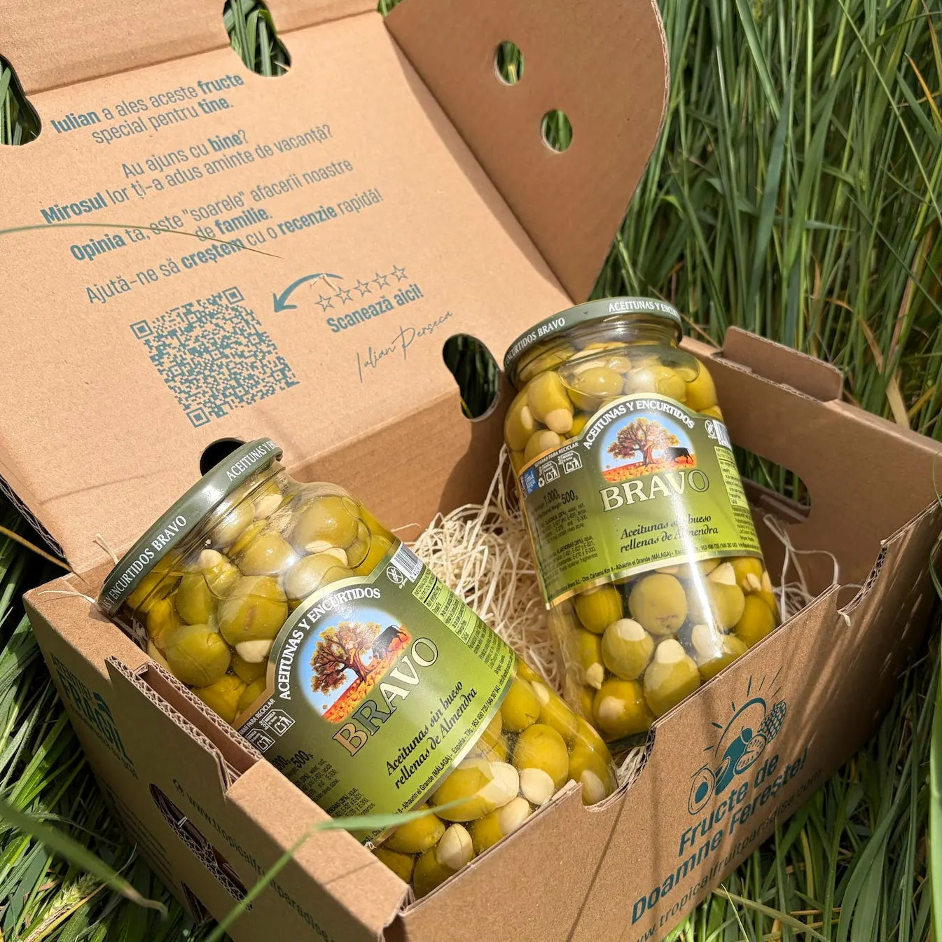 Two large 500g glass jars of green Bravo olives stuffed with whole almonds (Aceitunas rellenas de almendra), resting on straw inside an open delivery box on green grass.