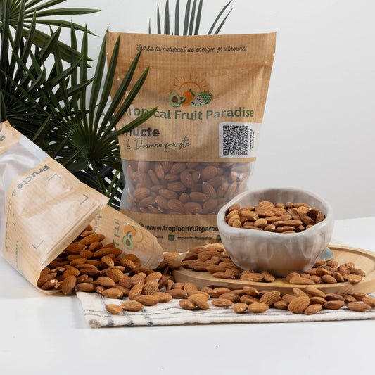 California almonds in a 500 g Tropical Fruit Paradise kraft pouch, natural kernels with brown skin still on