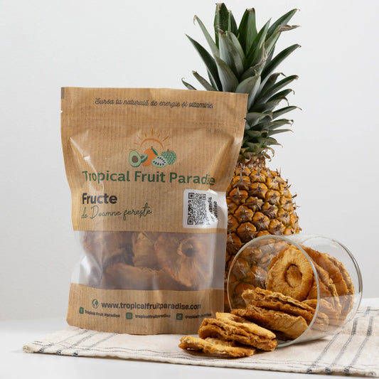 BIO dehydrated pineapple rings in a Tropical Fruit Paradise kraft pouch, thick golden rings with the core still in