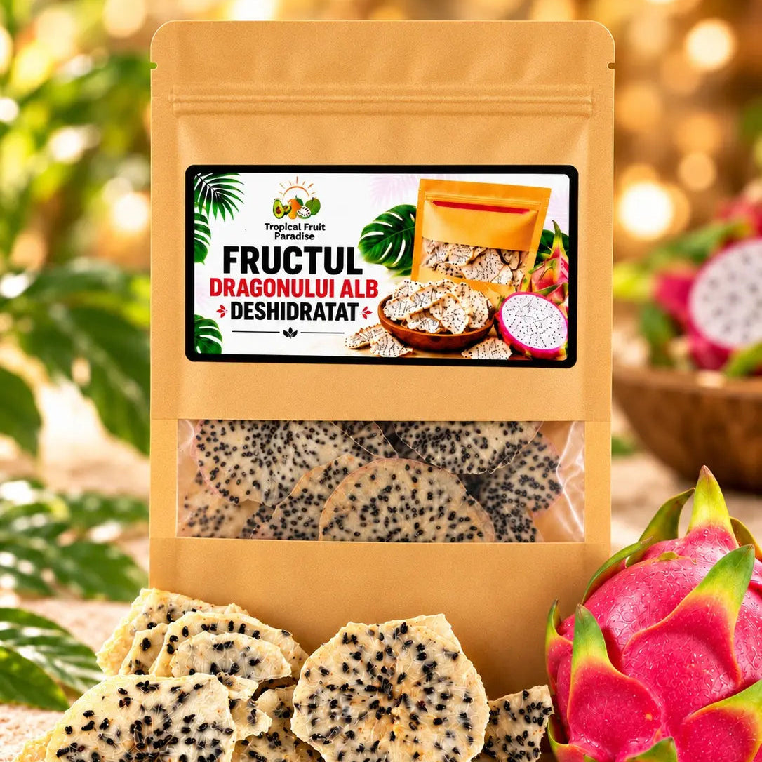 Dehydrated white dragon fruit (pitaya) slices in a 50 g Tropical Fruit Paradise kraft pouch, cream flesh with black seeds