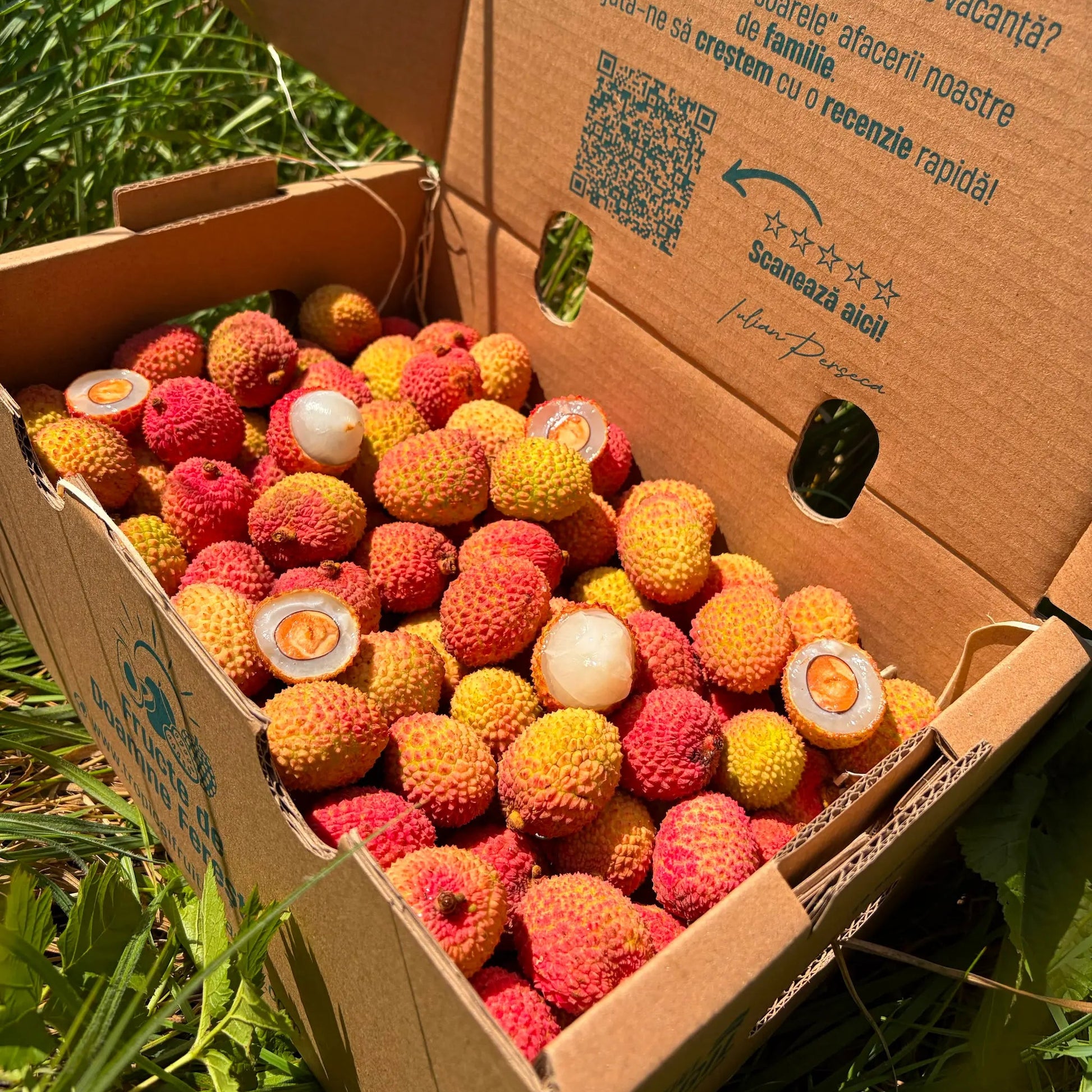 Open cardboard delivery box packed with fresh pinkish-red lychee fruits, featuring peeled ones showing translucent white pulp and seeds, on green grass.