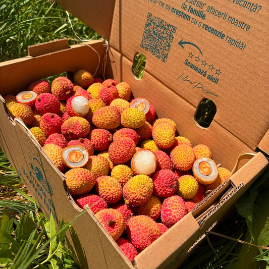 Open cardboard delivery box packed with fresh pinkish-red lychee fruits, featuring peeled ones showing translucent white pulp and seeds, on green grass.