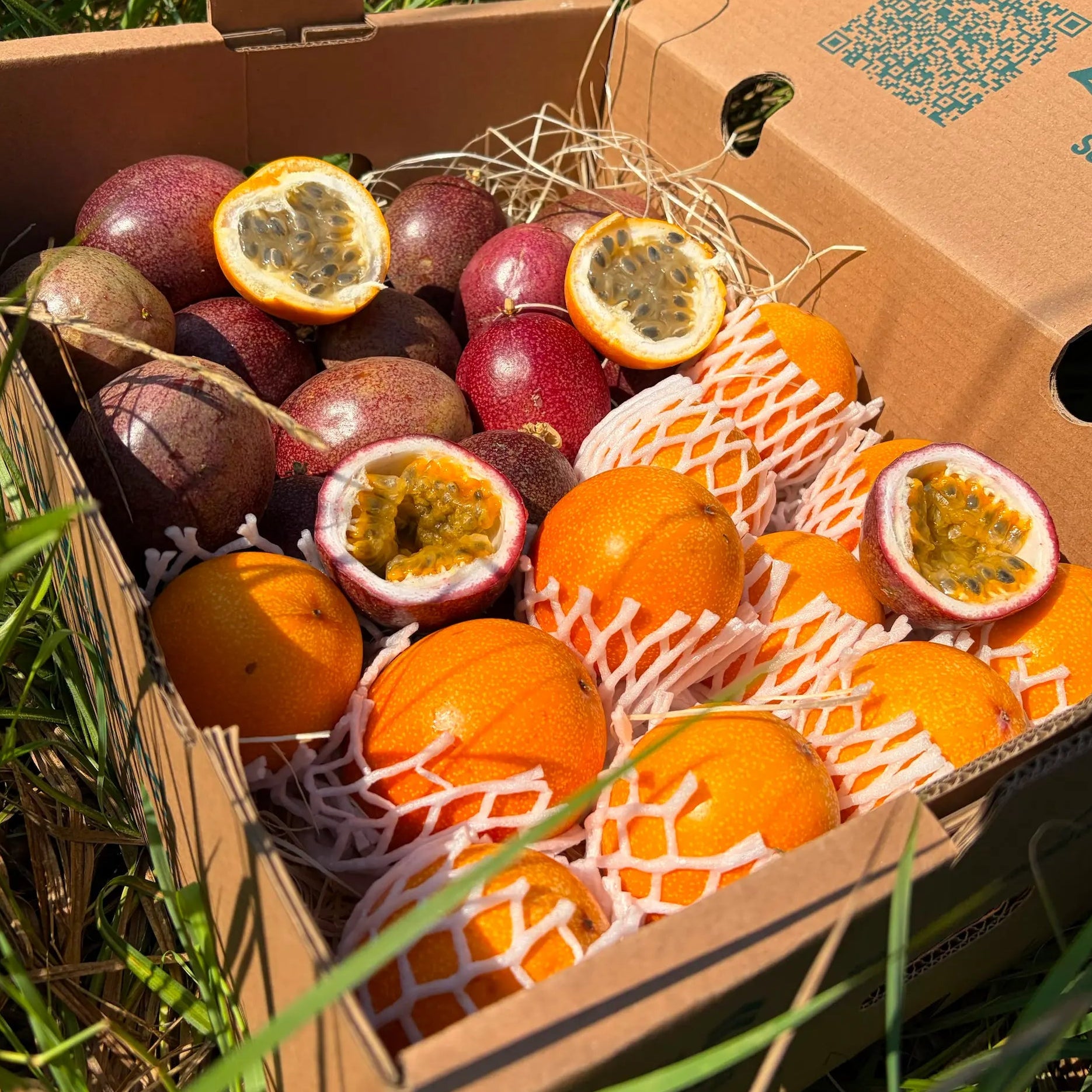 Exotic fruit box with purple passion fruit and bright orange granadilla in protective netting, featuring open halves showcasing the seedy juicy pulp, inside a delivery box on green grass.