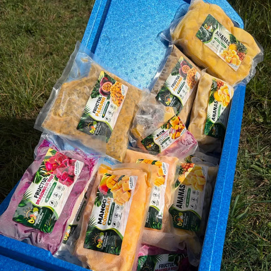 Frozen mango, pineapple, passion fruit and red dragon fruit in 1 kg Tropical Fruit Paradise vacuum bags inside a blue cooler