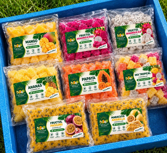 Frozen fruit mix customizable Tropical Fruit Paradise bags of cubed mango, pineapple, papaya, red and white dragon fruit, passion fruit