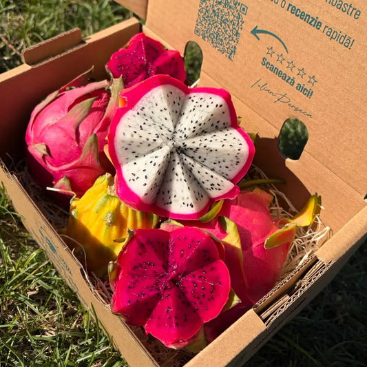 Dragon fruit mix: red- and white-flesh pitaya cut star-shaped and a whole yellow pitaya in a Tropical Fruit Paradise box