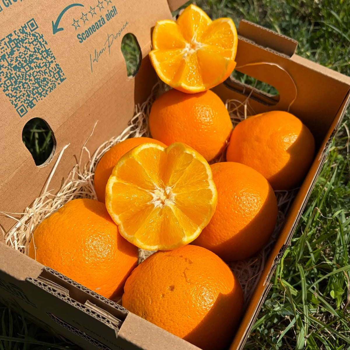 Oranges with bright, textured peel in a 2 kg Tropical Fruit Paradise box, two zigzag-cut halves showing juicy orange flesh