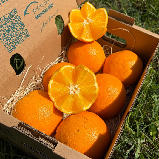 Oranges with bright, textured peel in a 2 kg Tropical Fruit Paradise box, two zigzag-cut halves showing juicy orange flesh