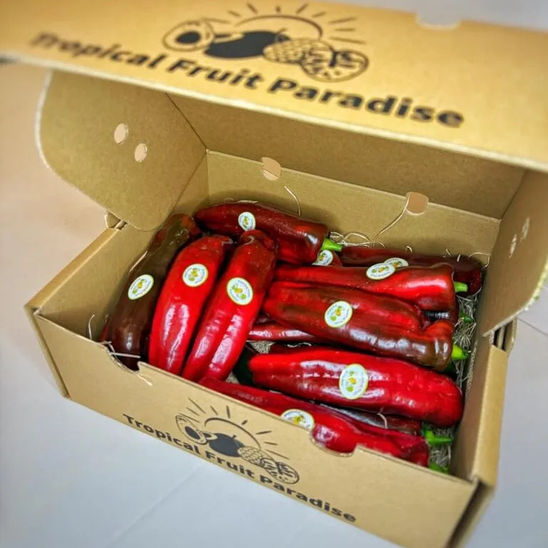 Premium red sweet peppers (Kapia type) in a branded Tropical Fruit Paradise delivery box.