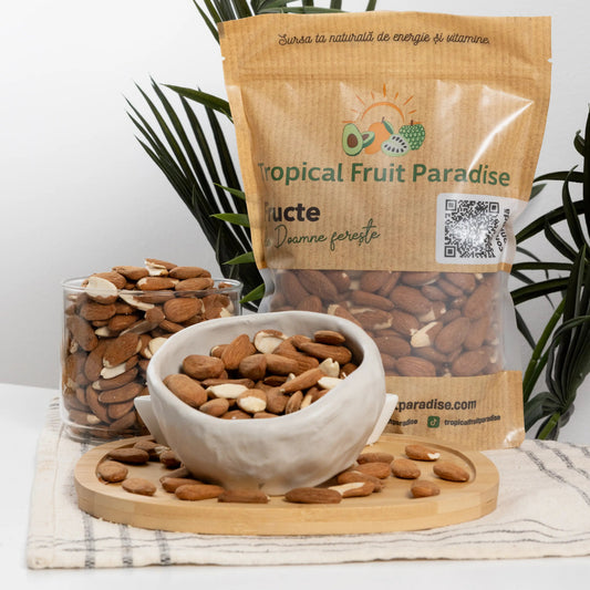 Soleta almonds in a 500 g Tropical Fruit Paradise kraft pouch, elongated kernels with brown skin and pale split faces