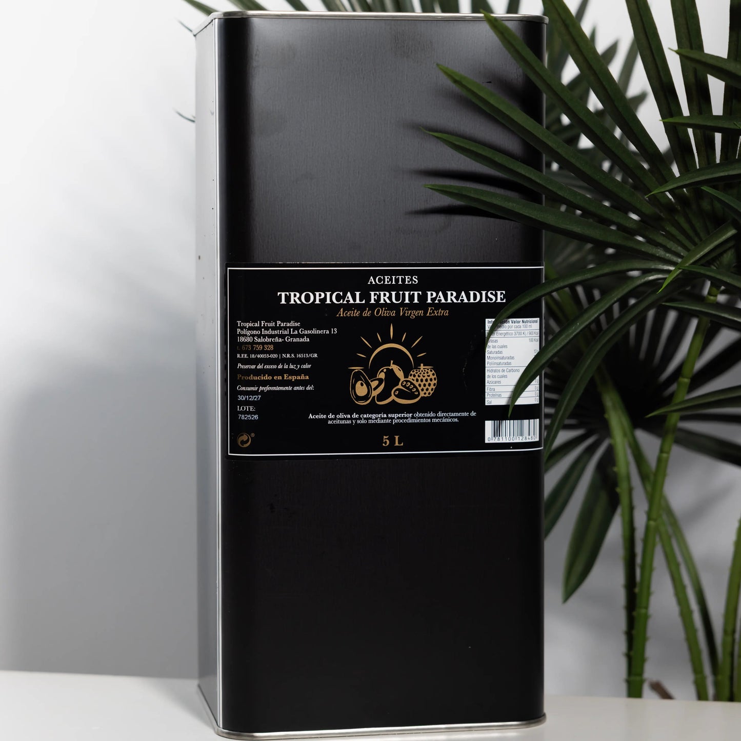 Tropical Fruit Paradise extra virgin olive oil in a 5 L black
metal tin, light-proof packaging, produced in Spain